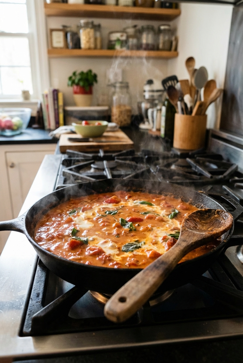 A real photograph of a skillet of vodka sauce simmering with a wooden spoon resting on the edge