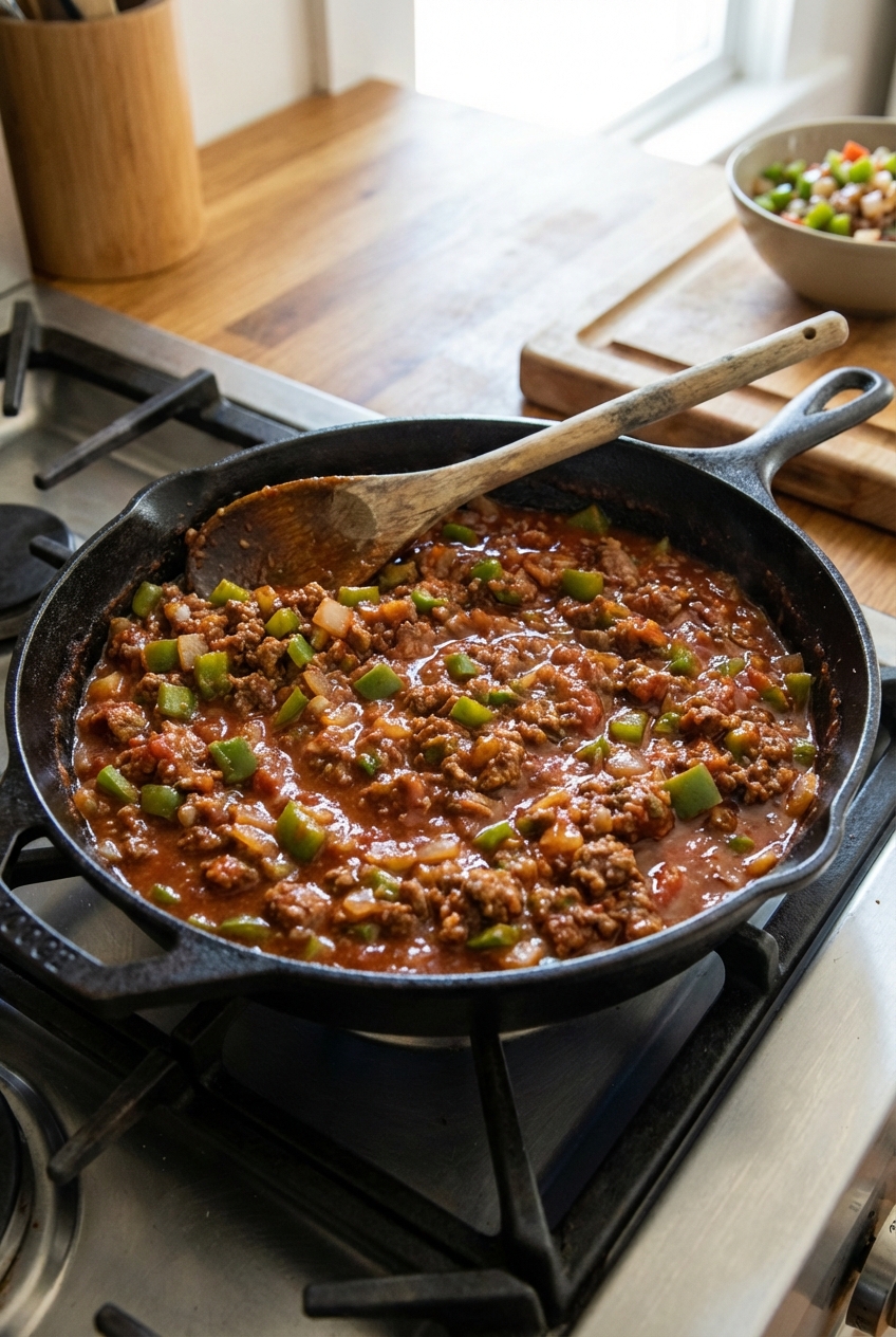A real photograph of a skillet on a stovetop filled with sloppy joe mixture simmering, with visible diced peppers and onions and a wooden spoon resting in the pan