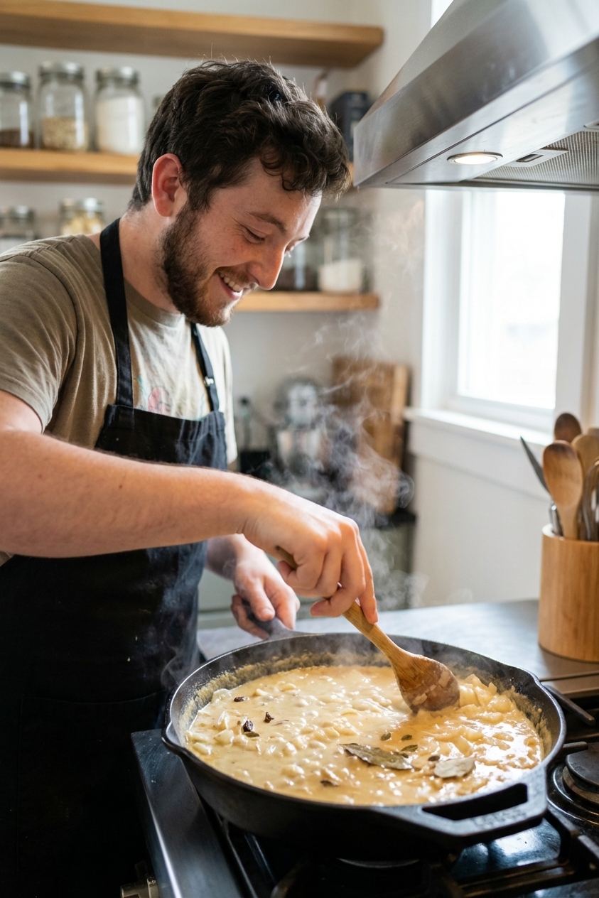 A real photograph of a skillet on a stovetop with a wooden spoon stirring a creamy pale-golden korma sauce with visible onion pieces and warm spices, steam rising