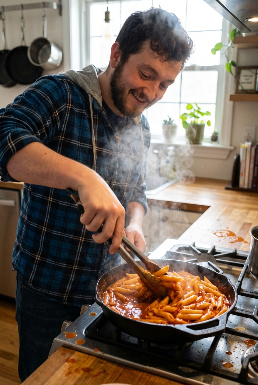 A real photograph of a skillet on the stove with pasta being tossed in a glossy tomato sauce using tongs, with steam rising in a home kitchen