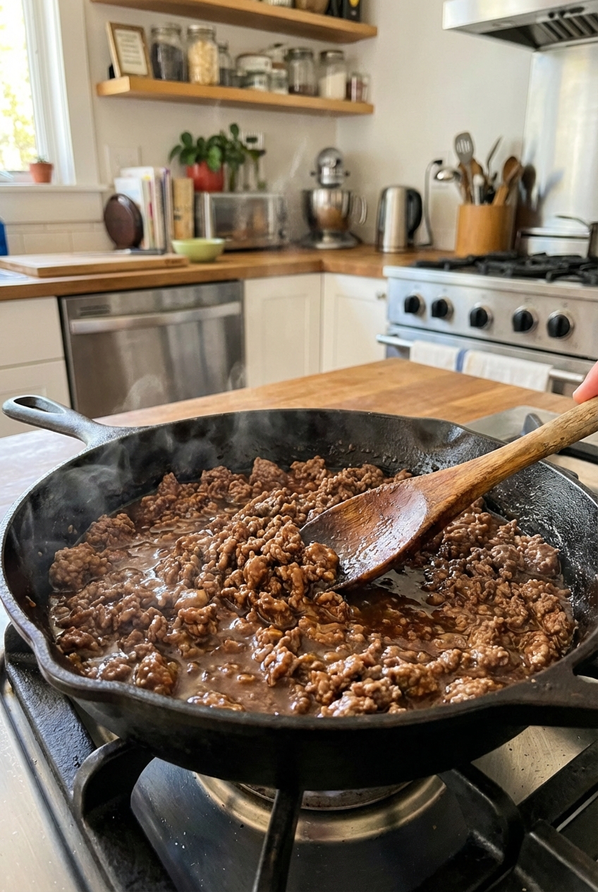 A real photograph of a skillet with browned ground beef being stirred with a wooden spoon as a glossy sauce bubbles around it on a stovetop