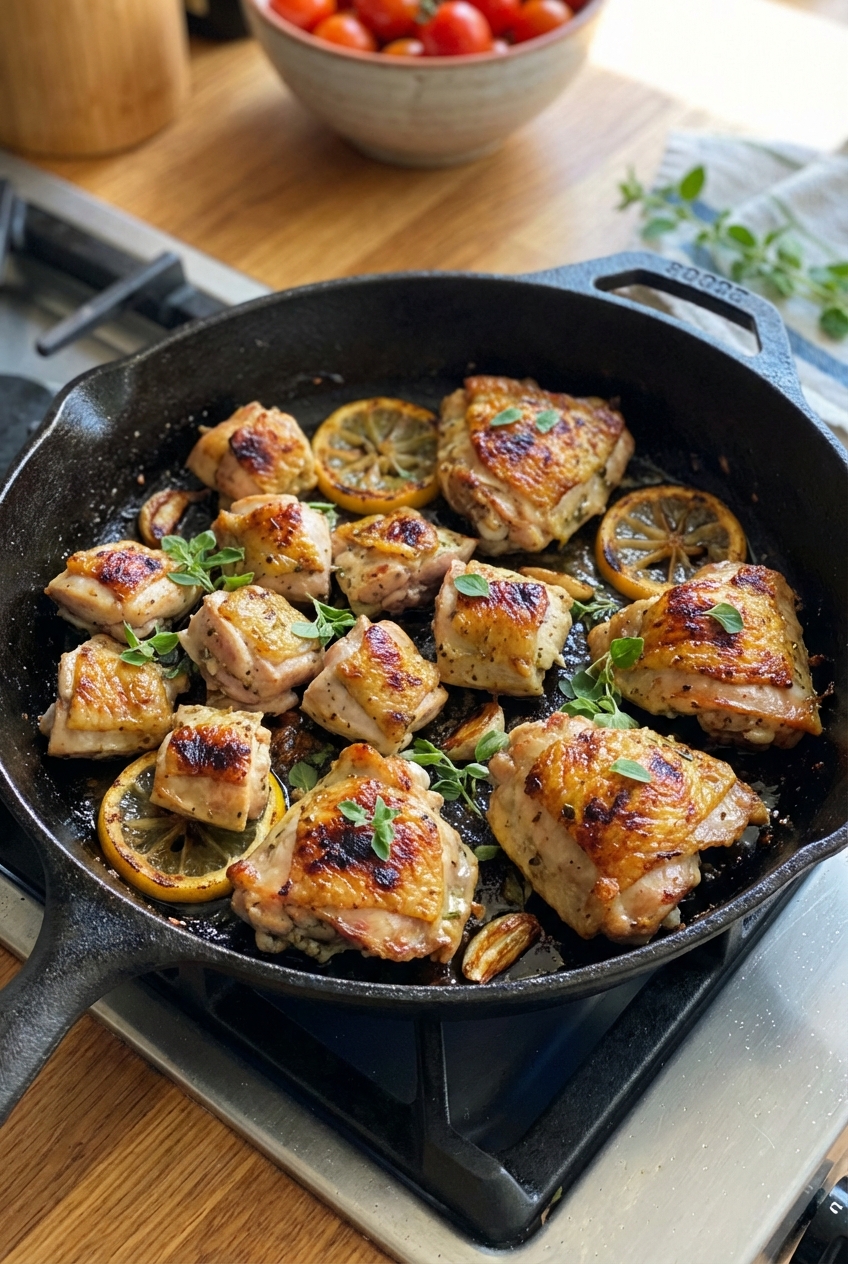 A real photograph of a skillet with browned lemon oregano chicken pieces and visible caramelized edges