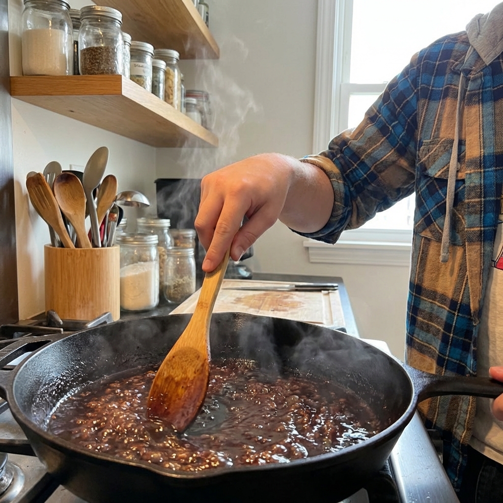 A real photograph of a skillet with bubbling glossy sweet balsamic pan sauce being stirred with a wooden spoon