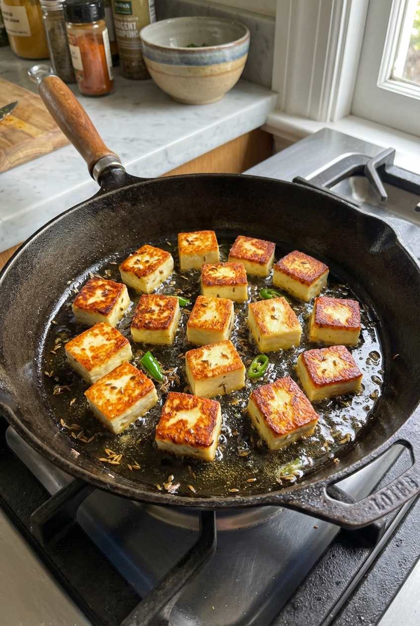 A real photograph of a skillet with paneer cubes searing until golden brown in a thin layer of oil
