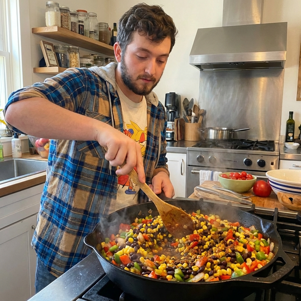 A real photograph of a skillet with vegan chimichanga filling made of black beans, corn, and peppers being stirred with a wooden spoon