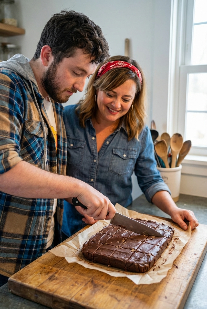 A real photograph of a slab of chocolate fudge being cut into neat squares on parchment paper with a chef's knife