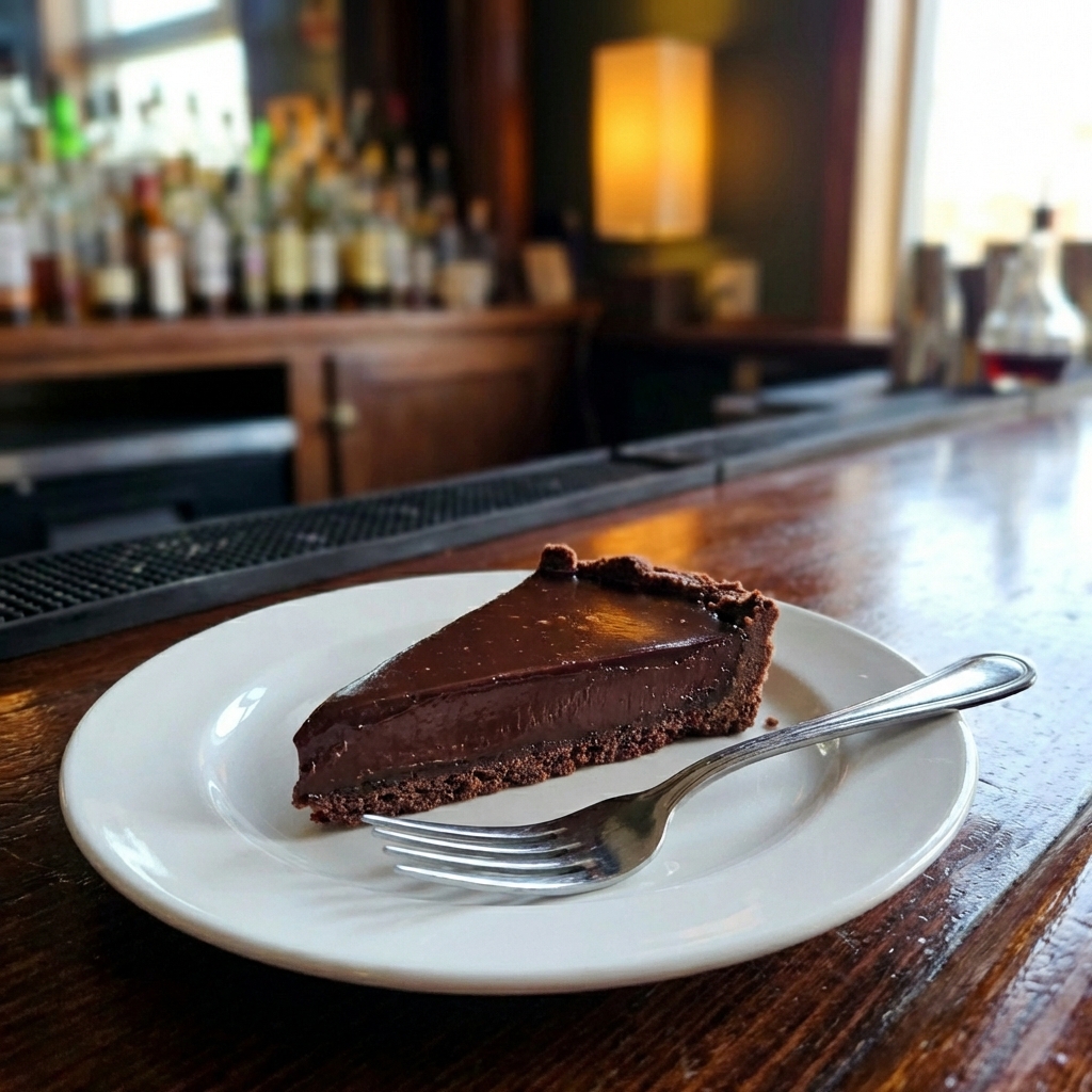 A real photograph of a slice of chocolate tart on a dessert plate with a fork