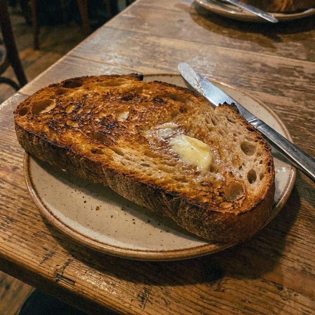 A real photograph of a slice of crusty bread with a golden toasted edge on a plate