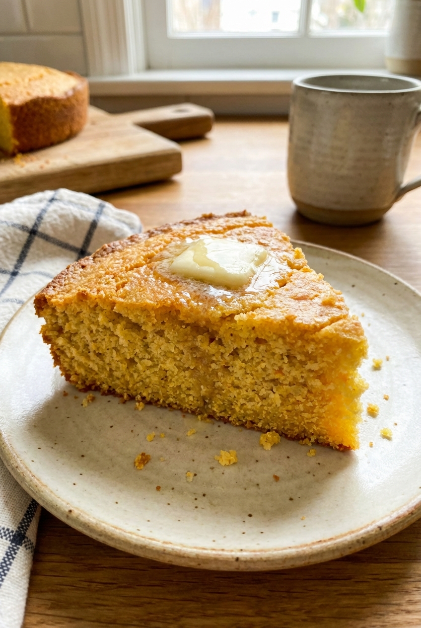 A real photograph of a slice of golden cornbread on a plate with a pat of butter