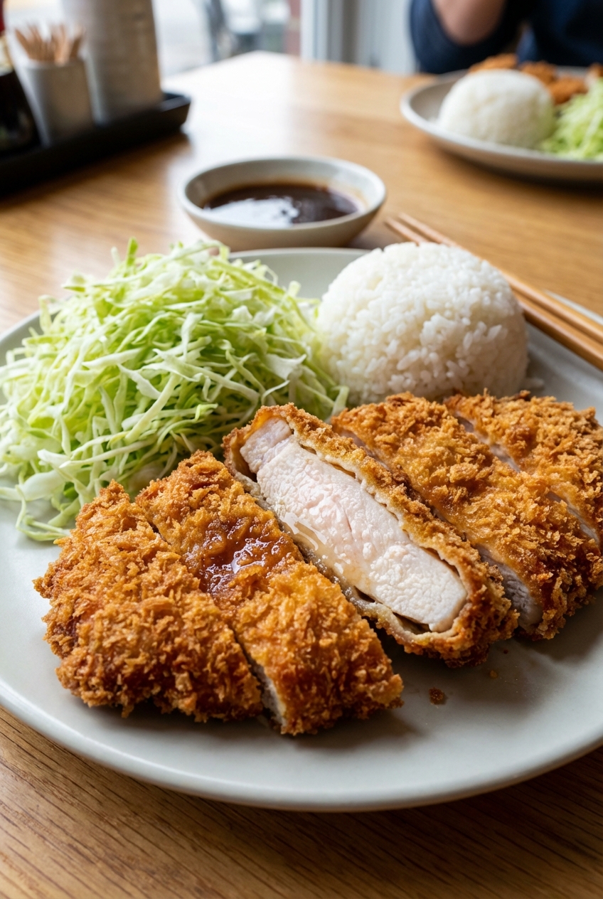 A real photograph of a sliced chicken katsu cutlet showing juicy interior and crispy panko crust, served with shredded cabbage and rice