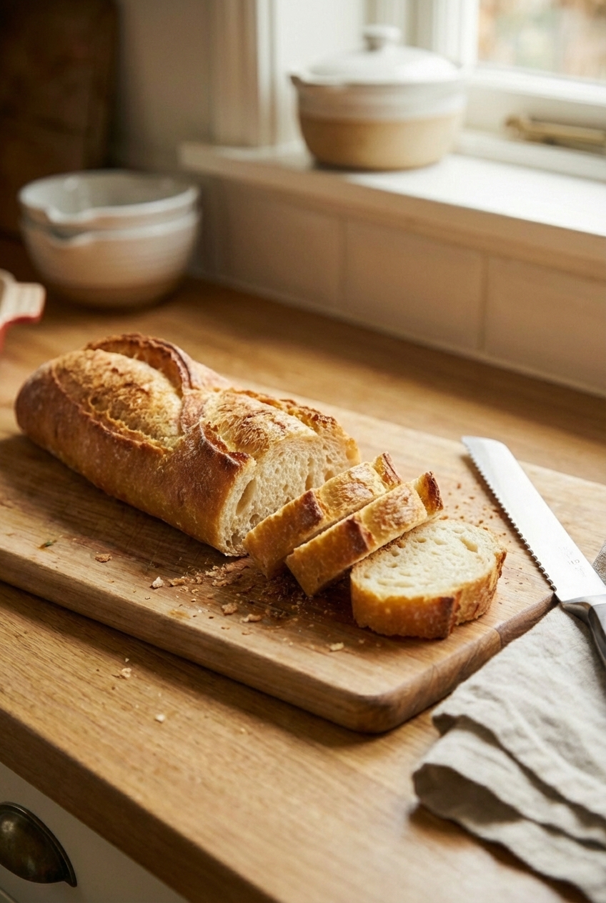 A real photograph of a sliced crusty baguette on a wooden board with scattered crumbs