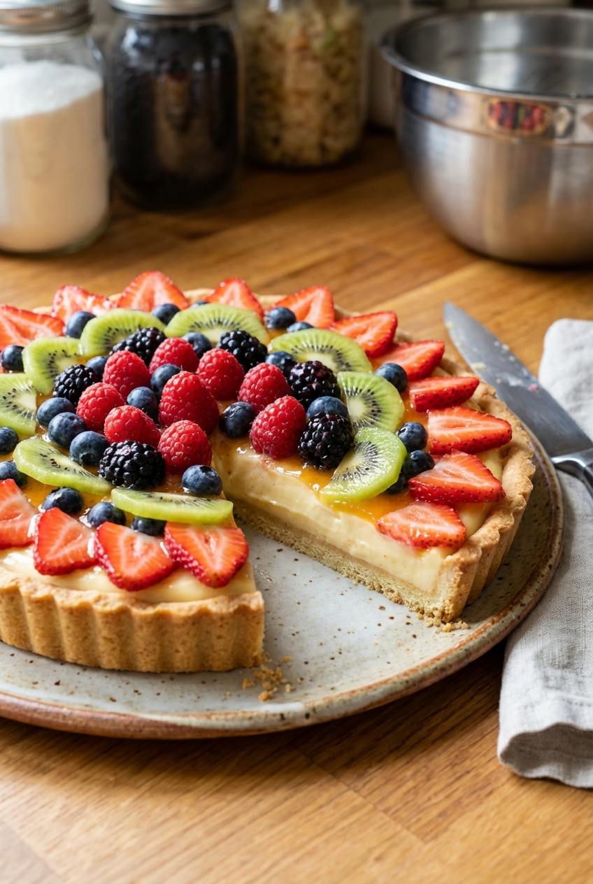 A real photograph of a sliced fruit tart showing a crisp crust, creamy custard layer, and fruit topping on a serving platter