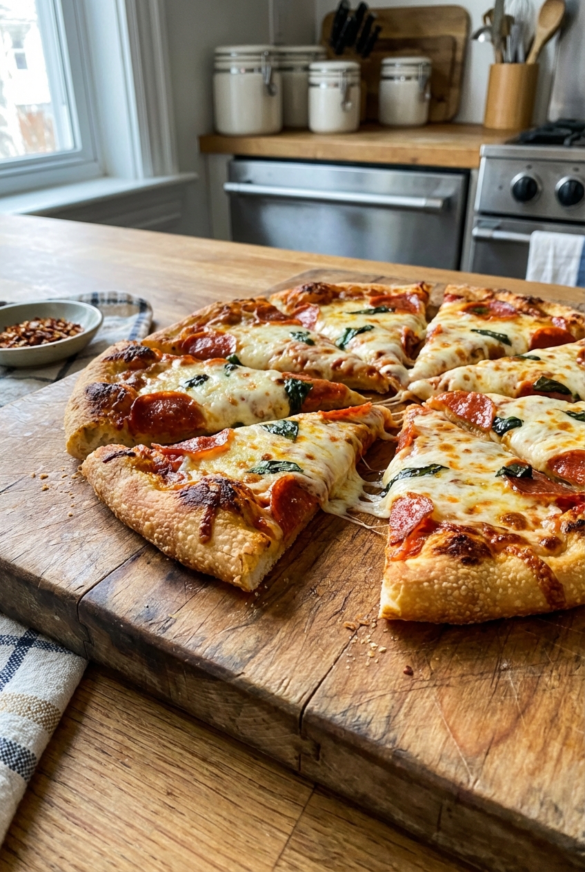 A real photograph of a sliced gluten free pizza on a wooden cutting board with a crisp browned crust edge and melted cheese
