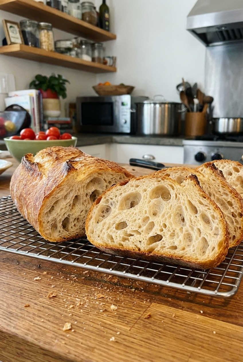 A real photograph of a sliced loaf of French bread with a crisp crust and airy crumb on a cooling rack in a home kitchen