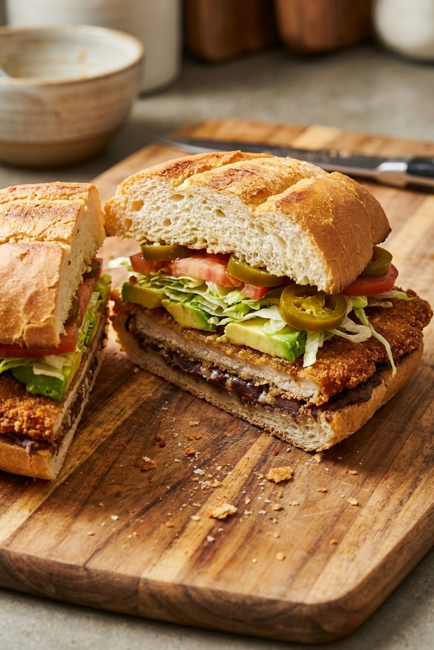 A real photograph of a sliced milanesa torta on a cutting board, showing a crispy breaded cutlet, refried beans, avocado slices, shredded lettuce, tomato, and jalapeño, with crumbs scattered around