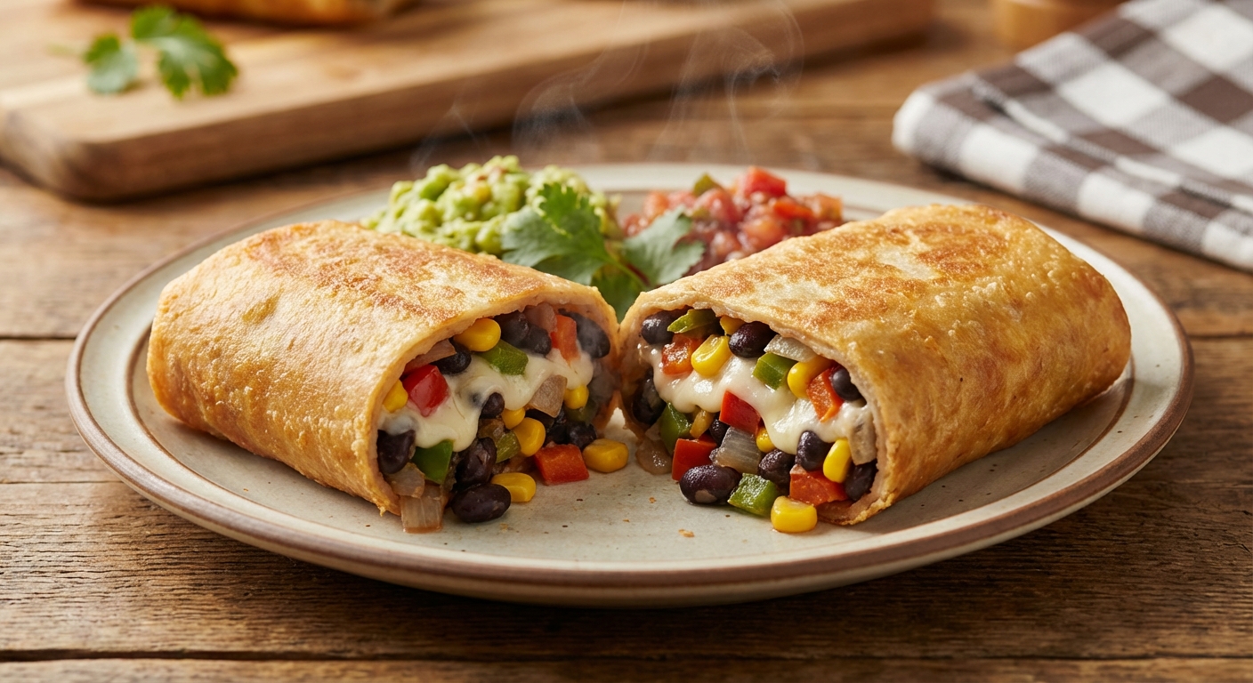 A real photograph of a sliced open vegan chimichanga showing a bean and vegetable filling with melted vegan cheese, steam rising slightly