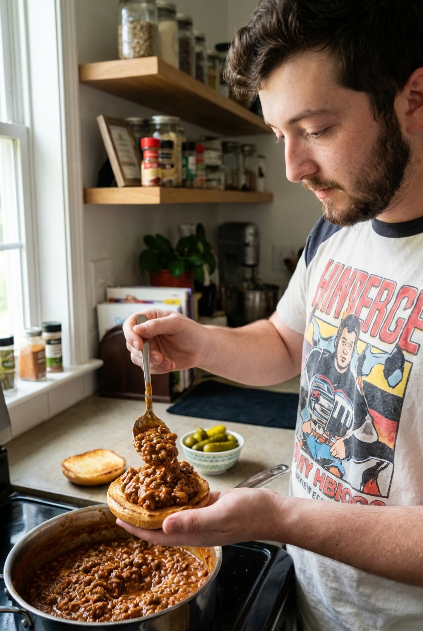 A real photograph of a sloppy joe being assembled with a spoonful of filling placed onto a toasted bun, with pickles nearby on the counter