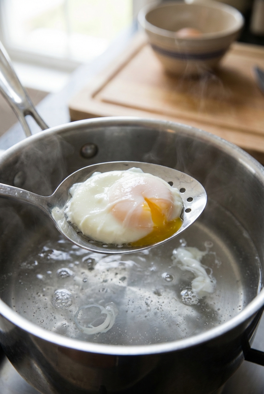 A real photograph of a slotted spoon lifting a poached egg from gently simmering water in a saucepan