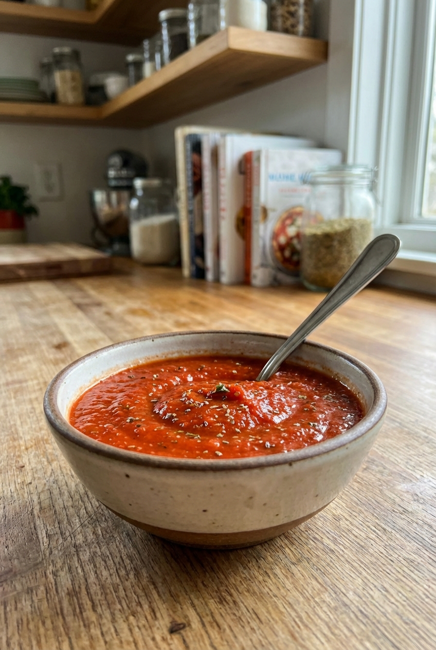 A real photograph of a small bowl filled with bright red pizza sauce on a wooden counter with a spoon resting in it