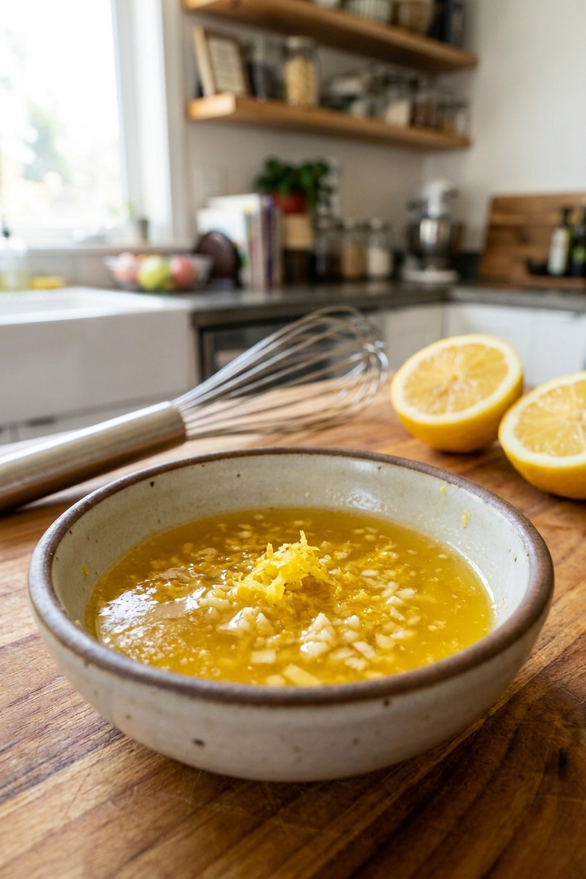 A real photograph of a small bowl of clarified garlic butter with minced garlic and lemon zest on a kitchen counter, with a whisk and lemon halves in the background