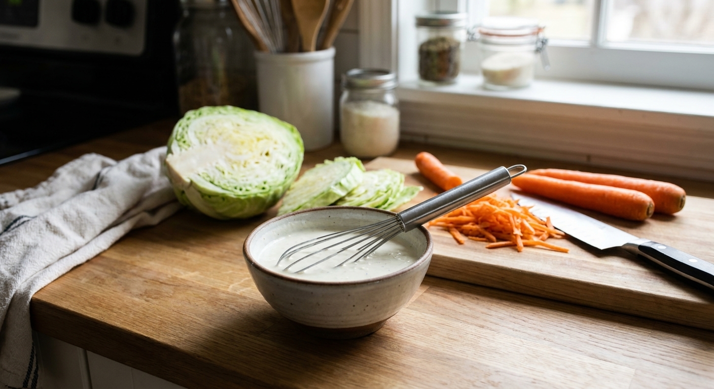 A real photograph of a small bowl of creamy coleslaw dressing with a whisk resting inside, on a home kitchen counter with cabbage and carrots nearby