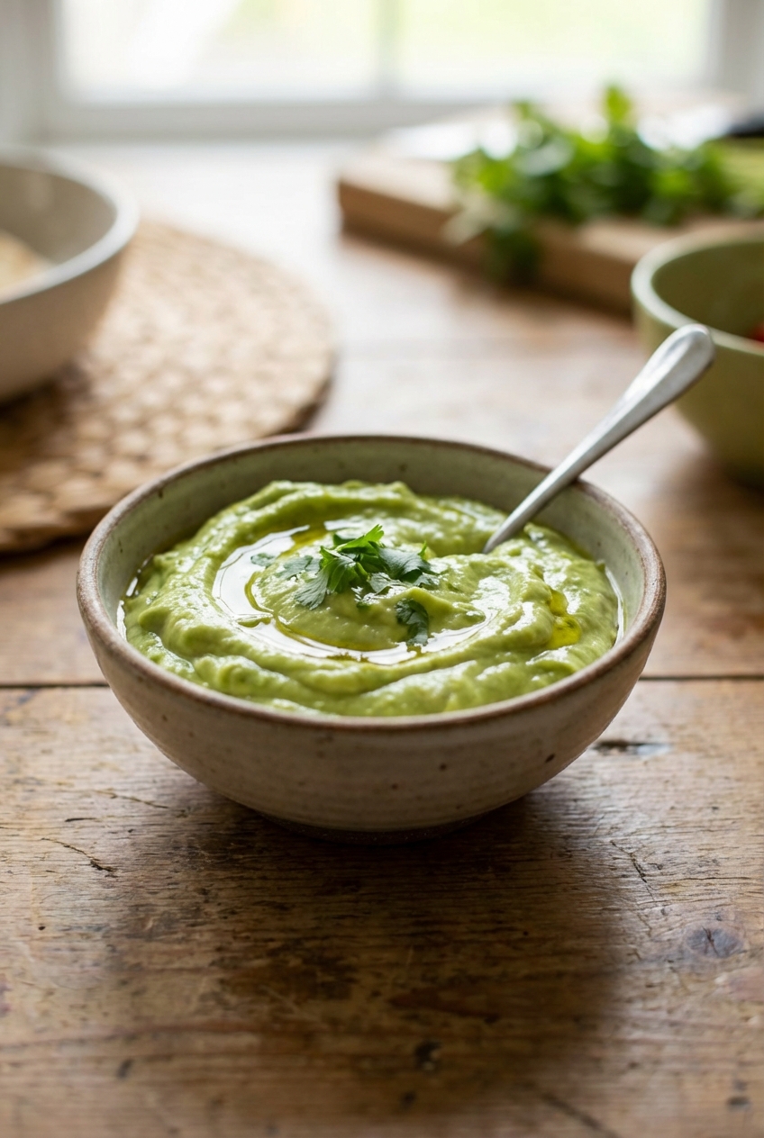 A real photograph of a small bowl of creamy green avocado sauce with a spoon