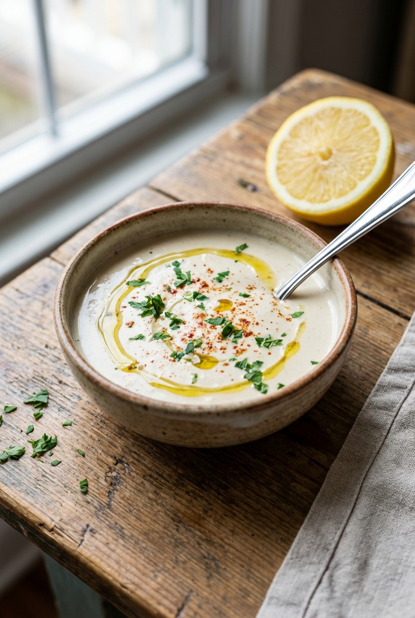 A real photograph of a small bowl of creamy tahini sauce with a spoon and a lemon half nearby