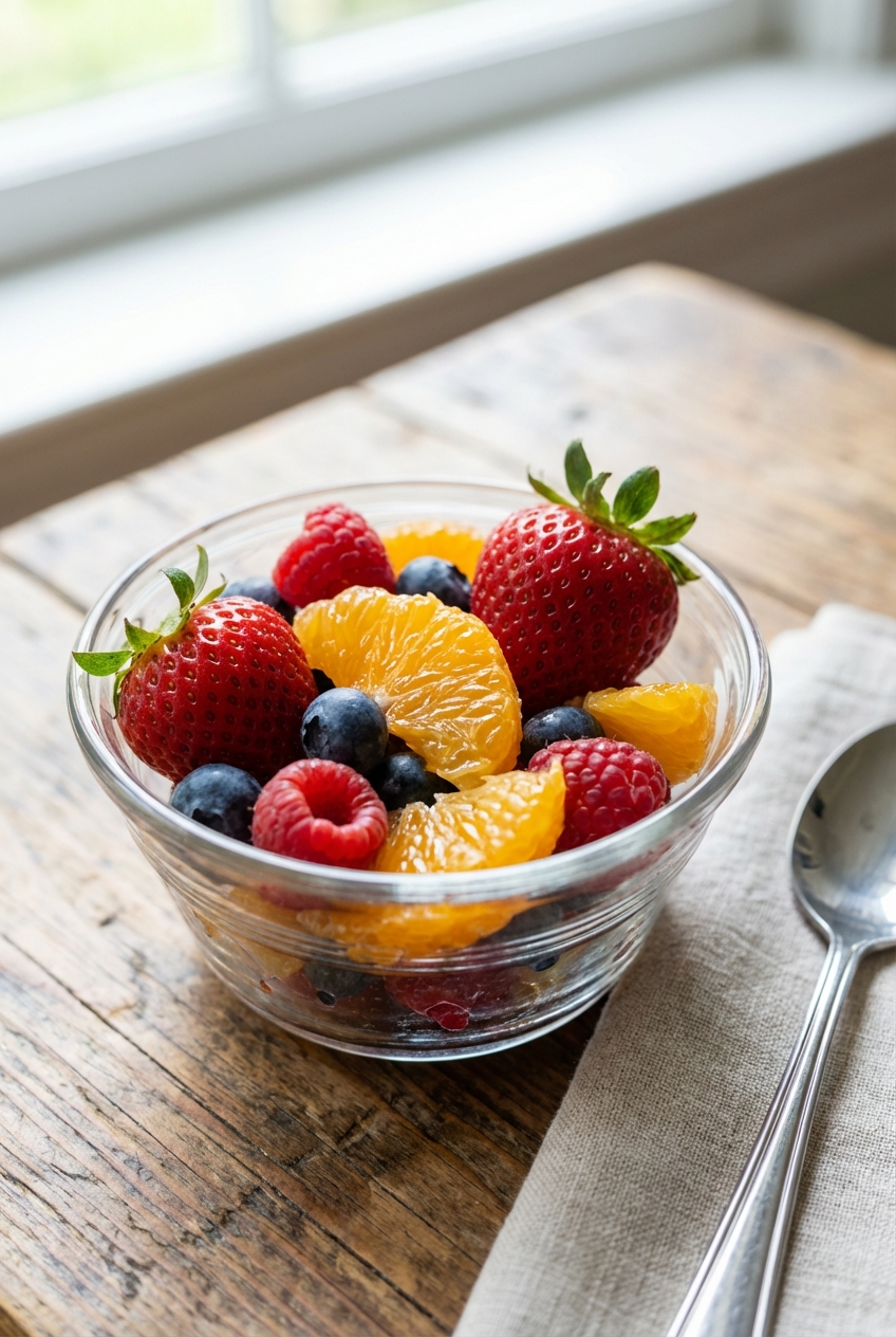 A real photograph of a small bowl of fresh fruit salad with berries and orange segments