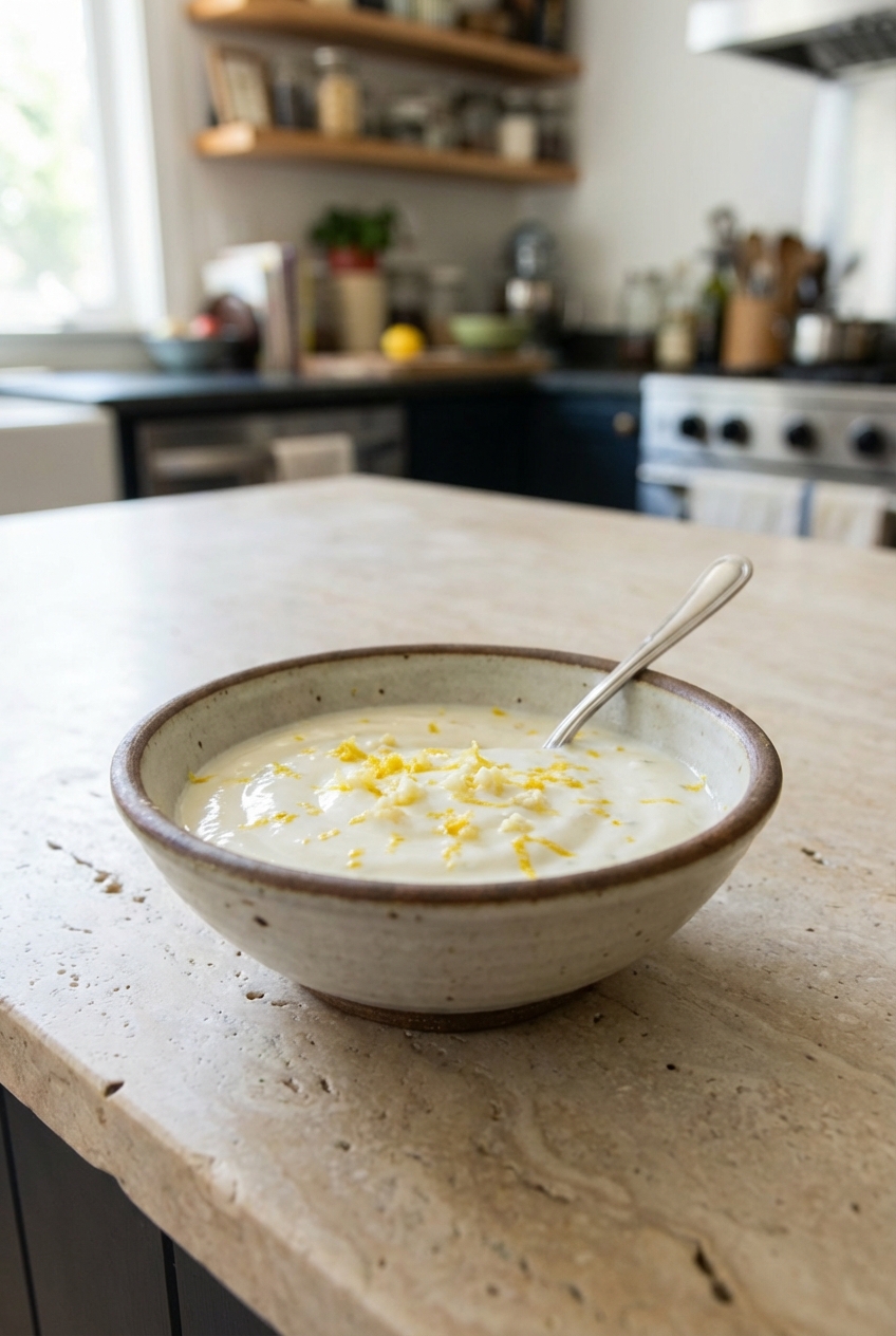 A real photograph of a small bowl of garlicky yogurt sauce with lemon zest on a countertop in natural light