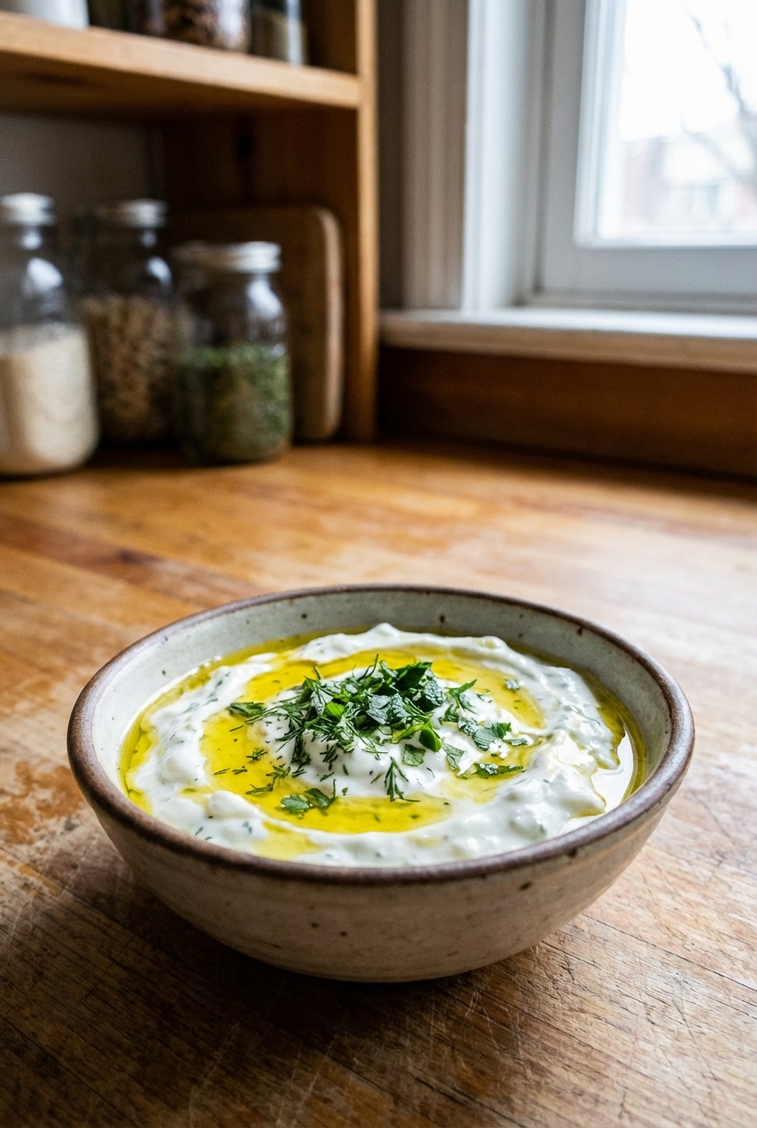A real photograph of a small bowl of garlicky yogurt sauce topped with olive oil and chopped herbs on a kitchen counter