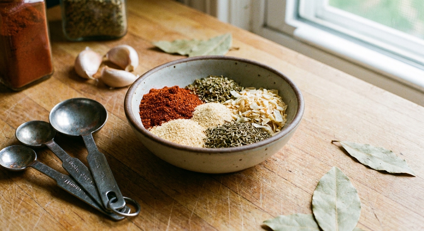 A real photograph of a small bowl of homemade Cajun seasoning with visible paprika, garlic powder, and dried herbs on a kitchen counter with measuring spoons nearby