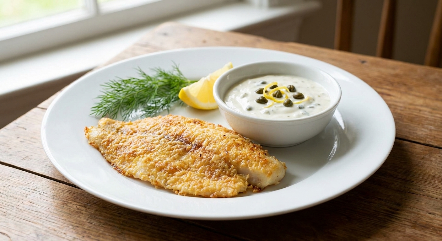A real photograph of a small bowl of lemon caper yogurt sauce with capers and lemon zest beside a baked Parmesan crusted tilapia fillet on a plate