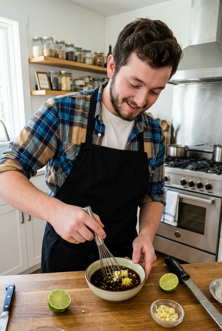 A real photograph of a small bowl of lime soy sauce being whisked with minced garlic and ginger on a kitchen counter