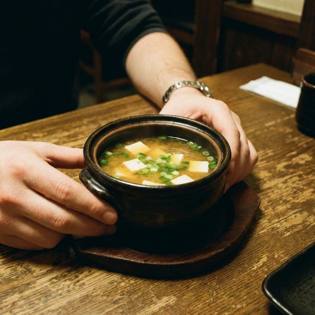 A real photograph of a small bowl of miso soup with tofu cubes and sliced scallions on a wooden table