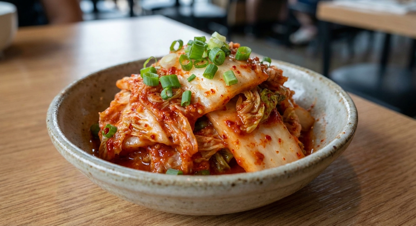 A real photograph of a small bowl of napa cabbage kimchi with red chili paste and green onion