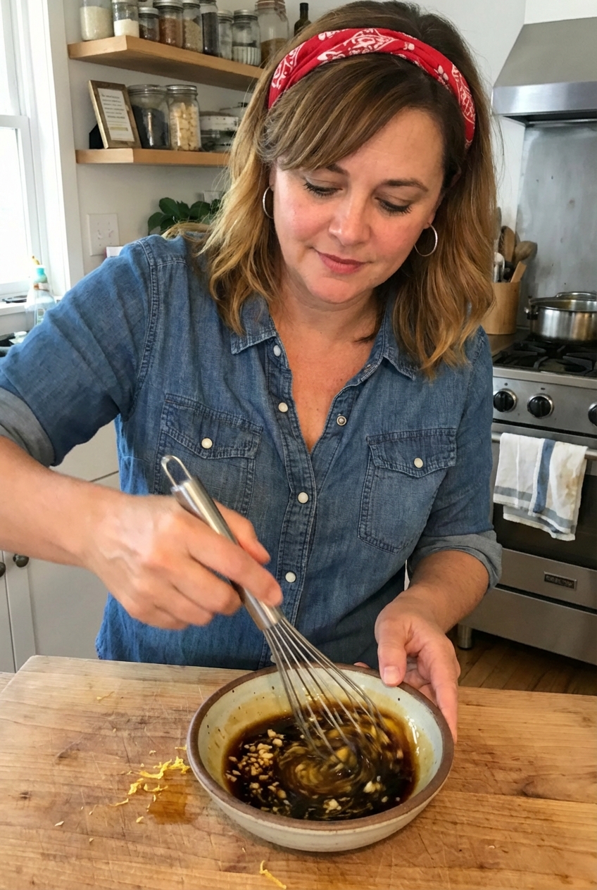 A real photograph of a small bowl of orange juice, soy sauce, honey, minced garlic, and lemon zest being whisked together in a home kitchen