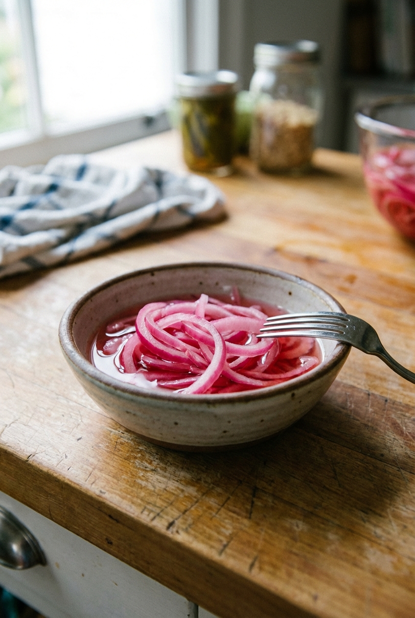 A real photograph of a small bowl of quick pickled red onions with a fork resting on the rim