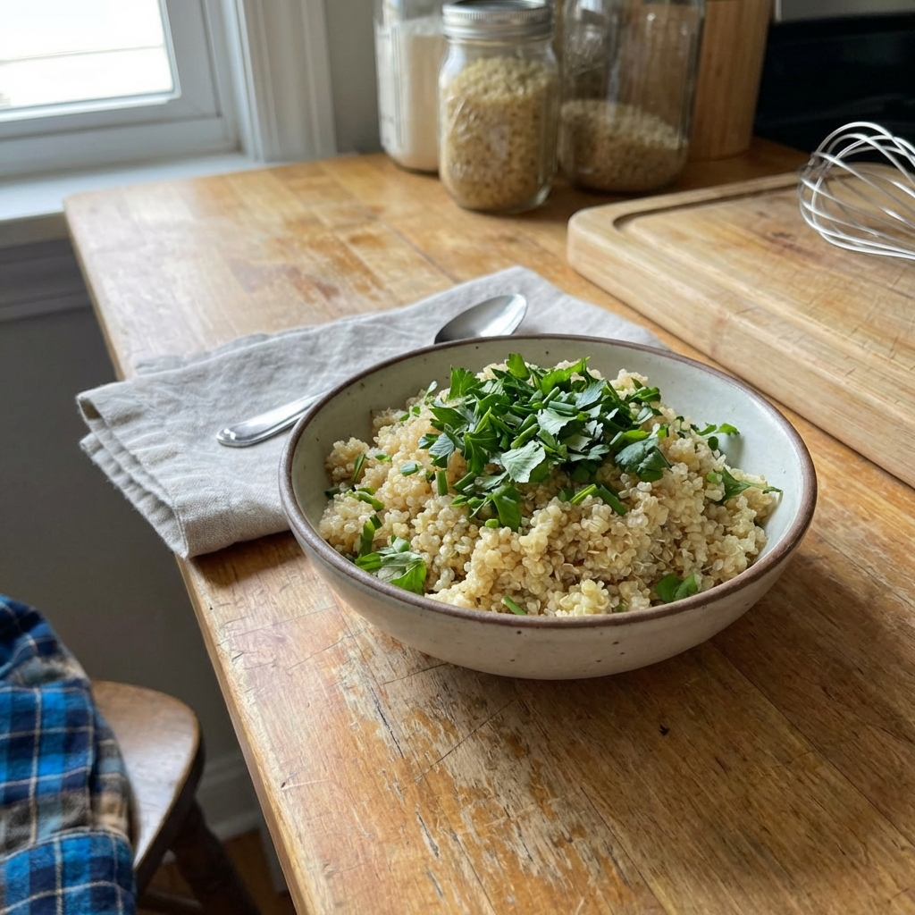 A real photograph of a small bowl of quinoa with chopped herbs