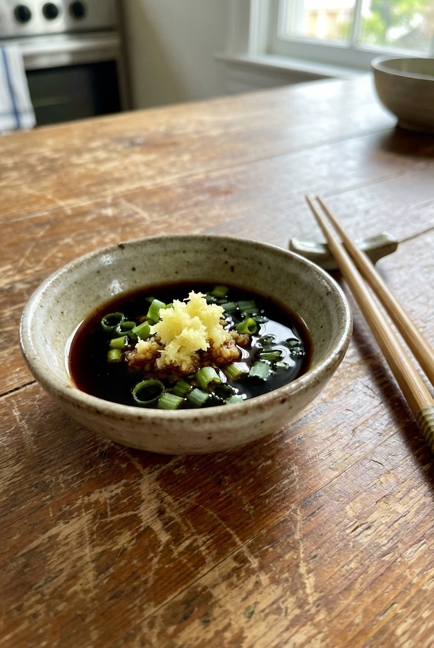 A real photograph of a small bowl of soy dipping sauce with grated ginger and scallions on a wooden table