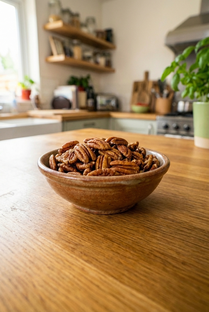A real photograph of a small bowl of toasted pecans on a wooden counter