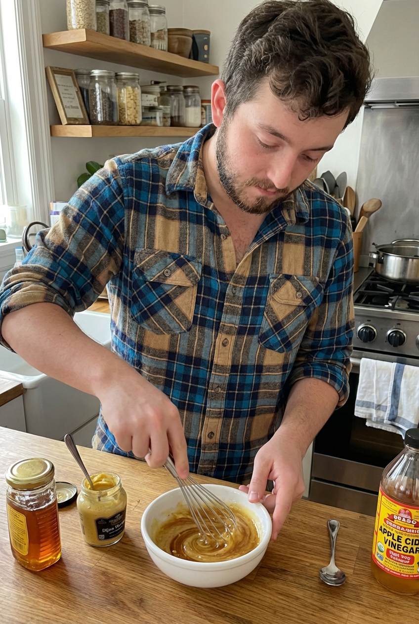 A real photograph of a small bowl with honey, Dijon mustard, and apple cider vinegar being whisked together on a kitchen counter