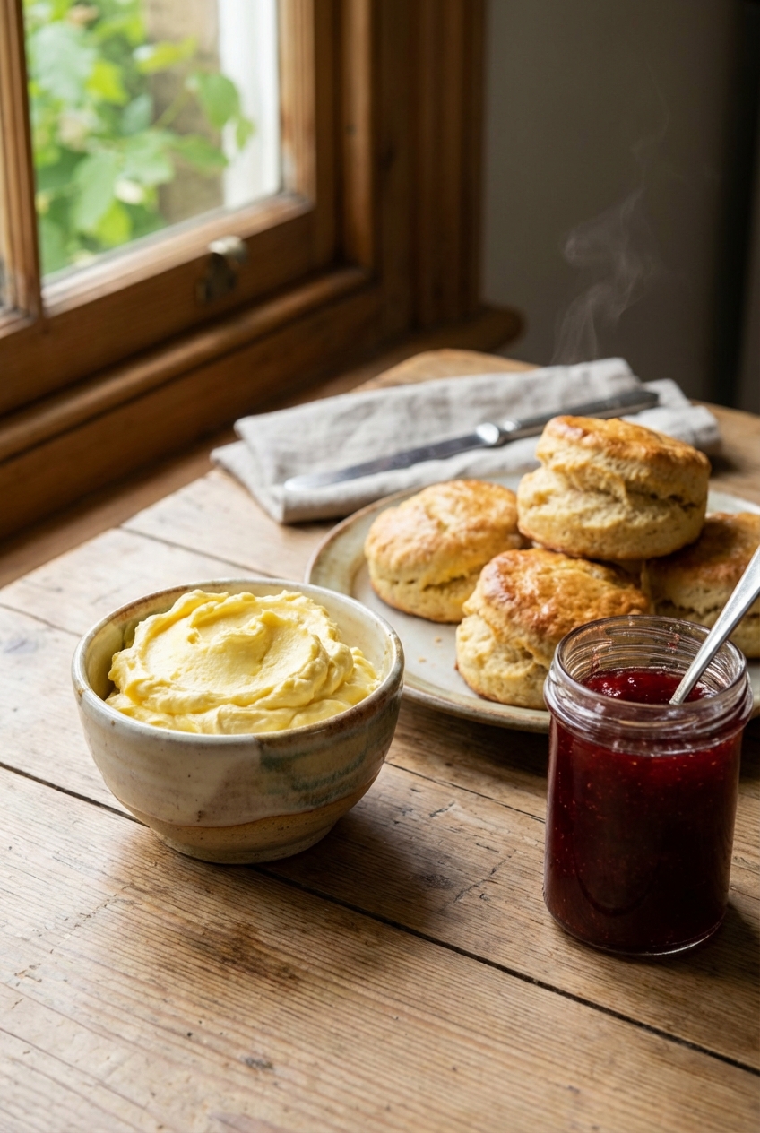 A real photograph of a small ceramic bowl filled with thick clotted cream on a wooden table beside warm scones and a jar of strawberry jam, lit by soft window light