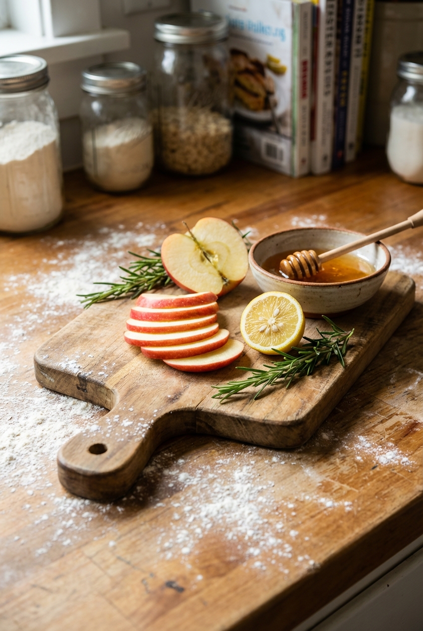 A real photograph of a small cutting board with sliced apple, a lemon half, fresh rosemary, and a small bowl of honey on a flour-dusted wooden counter