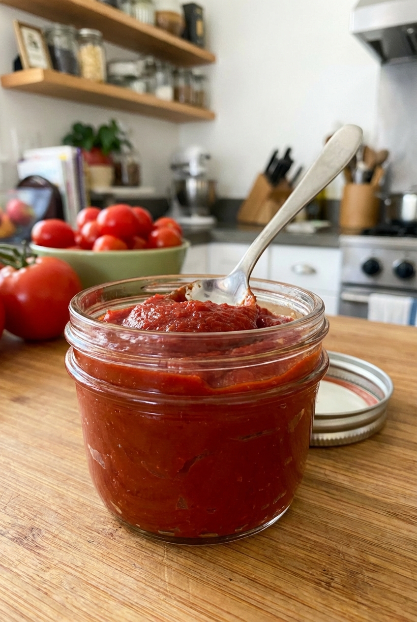 A real photograph of a small glass jar filled with homemade tomato paste on a kitchen counter next to a spoon