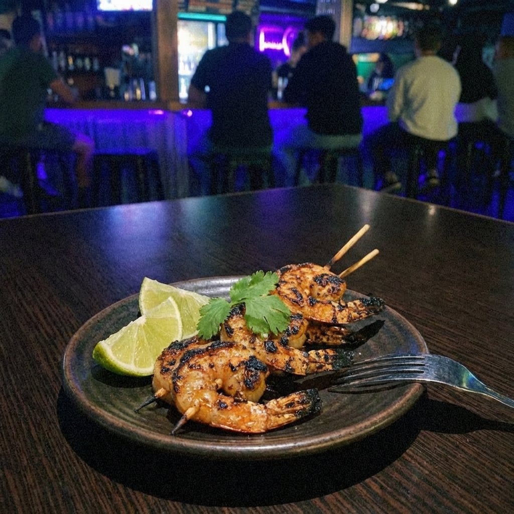 A real photograph of a small plate of grilled shrimp with lime wedges
