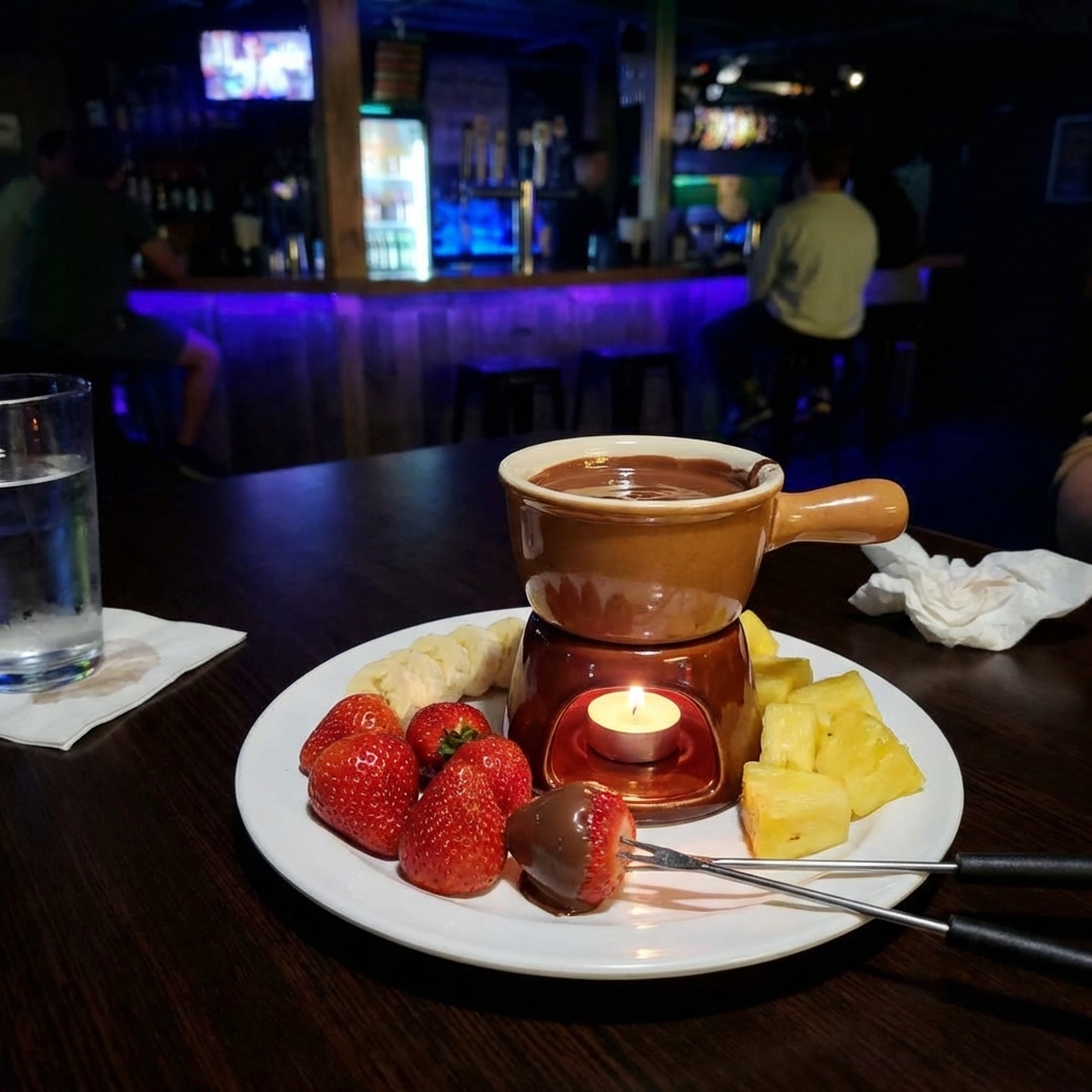 A real photograph of a small pot of chocolate fondue with fruit on a table