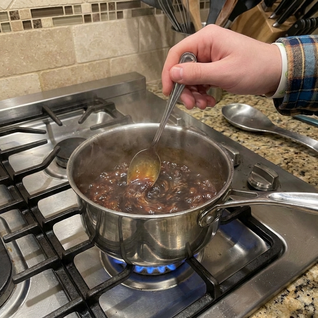 A real photograph of a small saucepan on a stove with a dark soy glaze simmering and a spoon stirring it