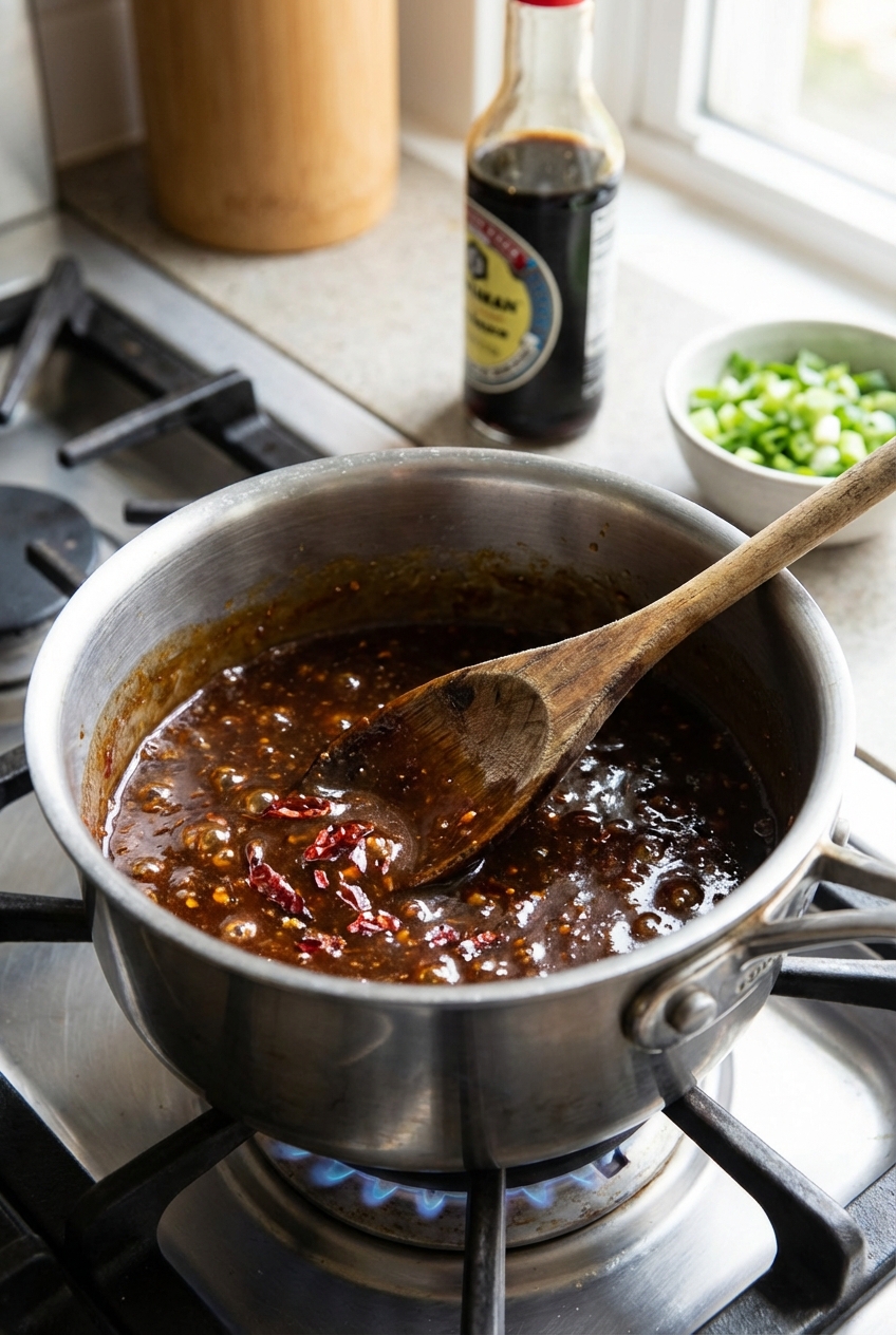 A real photograph of a small saucepan on a stove with General Tso sauce simmering and thickening, with a wooden spoon resting inside