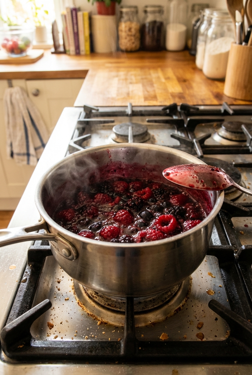 A real photograph of a small saucepan on a stove with berries bubbling into a glossy sauce with a spoon resting on the rim