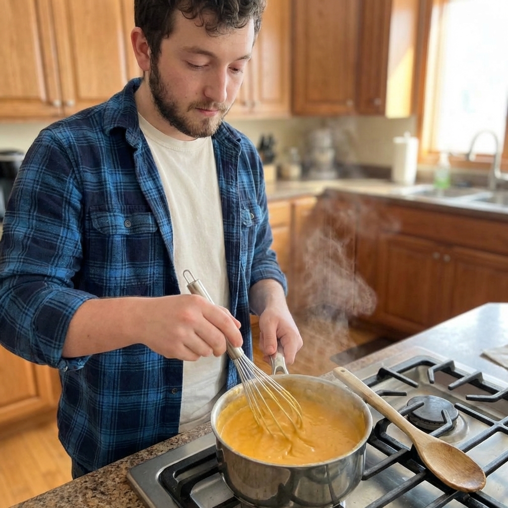 A real photograph of a small saucepan on a stove with a thick cheddar cheese sauce being whisked, steam rising, and a wooden spoon resting nearby